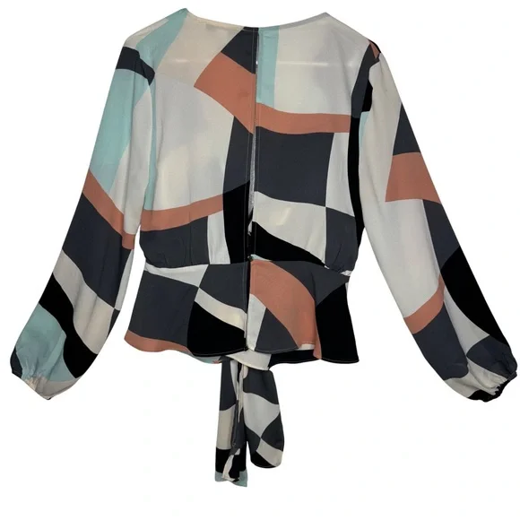 Forever 21 Geometric Color block Puff sleeves y2k baby doll Open back top sz L - Picture 3 of 9